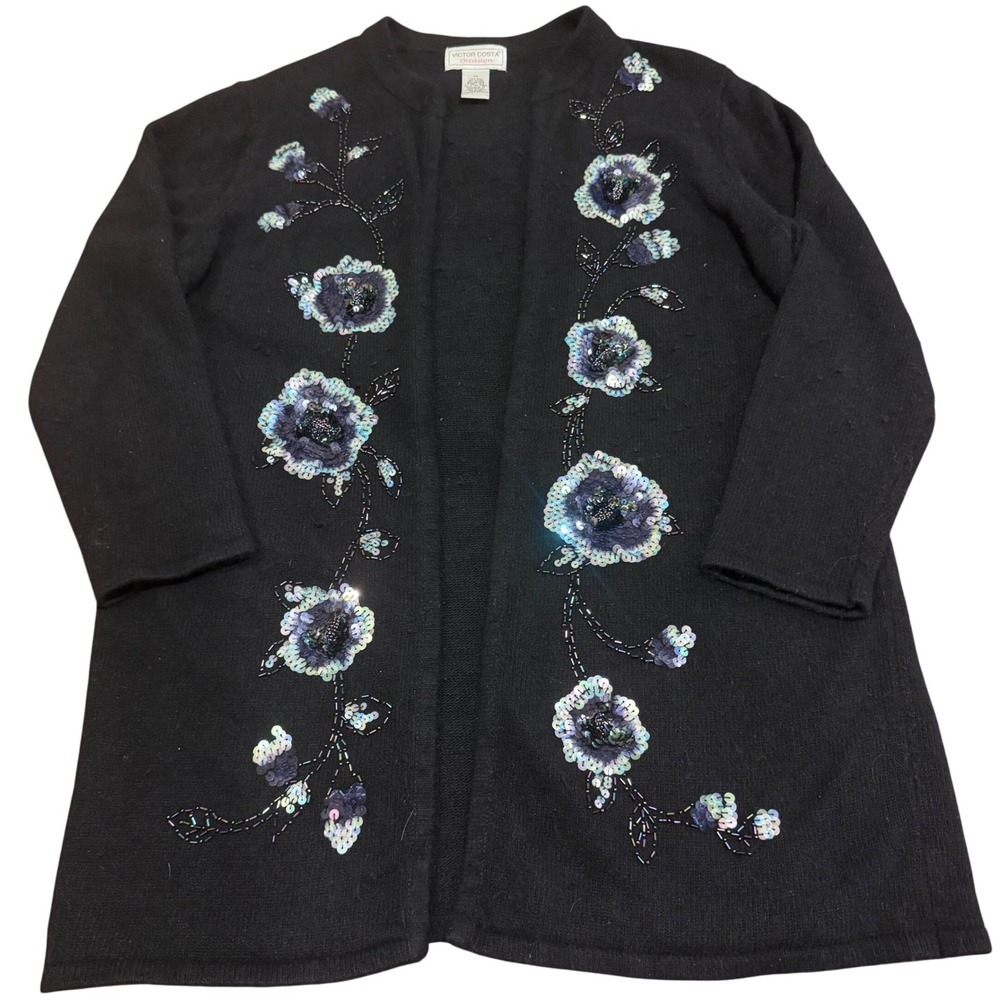 Black Silk Angora Floral Sequin Beaded Cardigan Whimsigoth Flower Core‎ XL